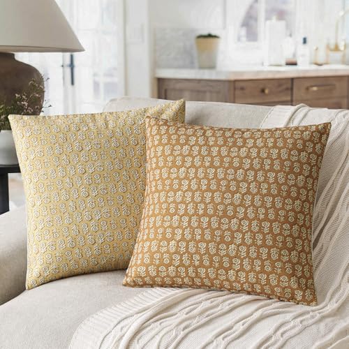 Decorative Floral Print Throw Pillow Covers 22×22 Golden Orange (2 Count)