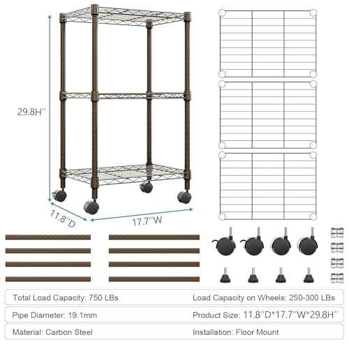 3 Tier Shelf Metal Storage Shelves Wire Rack Closet Organizers with Wheel for Garage Kitchen Bathroom Laundry Brown 11.8" D x 17.7" W x 29.8" H (3 Count)