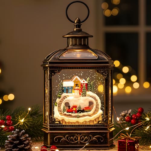 Christmas Village Snow Globe Lantern Musical Lighted Mountain Village Snowman & Train Water Lantern in Swirling Glitter