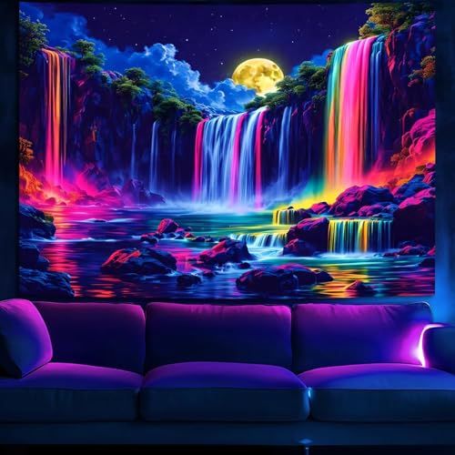 Blacklight Fantasy Waterfall Moon Tapestry