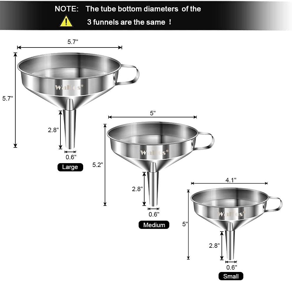 Stainless Steel Funnel, Walfos 3 Pack Kitchen Funnel with 2 Removable Strainer ＆ 1Pcs Cleaning Brush, Perfect for Transferring of Liquid, Oils, Jam, Dry Ingredients & Powder