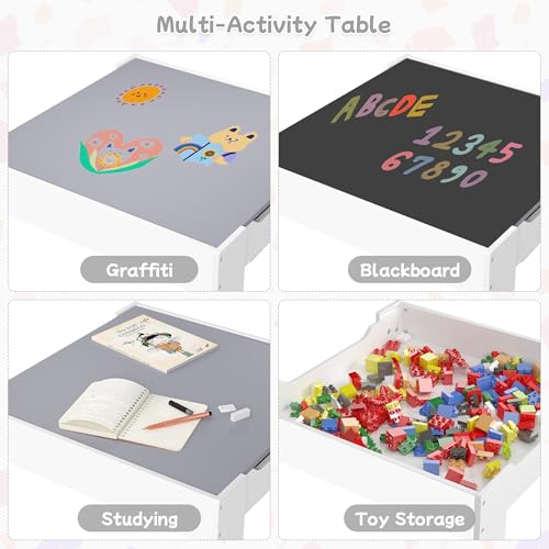 3-in-1 Wooden Kids Table & Chairs, Detachable Top & Storage, Grey