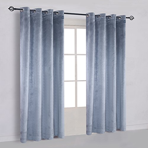 Super Soft Luxury Velvet Stone Blue Set of 2 Blackout Drapes Room Darkening Curtains Panel Grommet Drapery 52 by 84