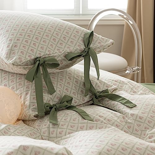 Pink Flower Comforter Set Twin XL 3 Pieces Chic Plaid Grid Comforter with 2 Bow Ties Pillowcases Cute Botanical Cottagecore Bedding Set Girls Coquette Bedding Comforter Twin XL Comforter Set