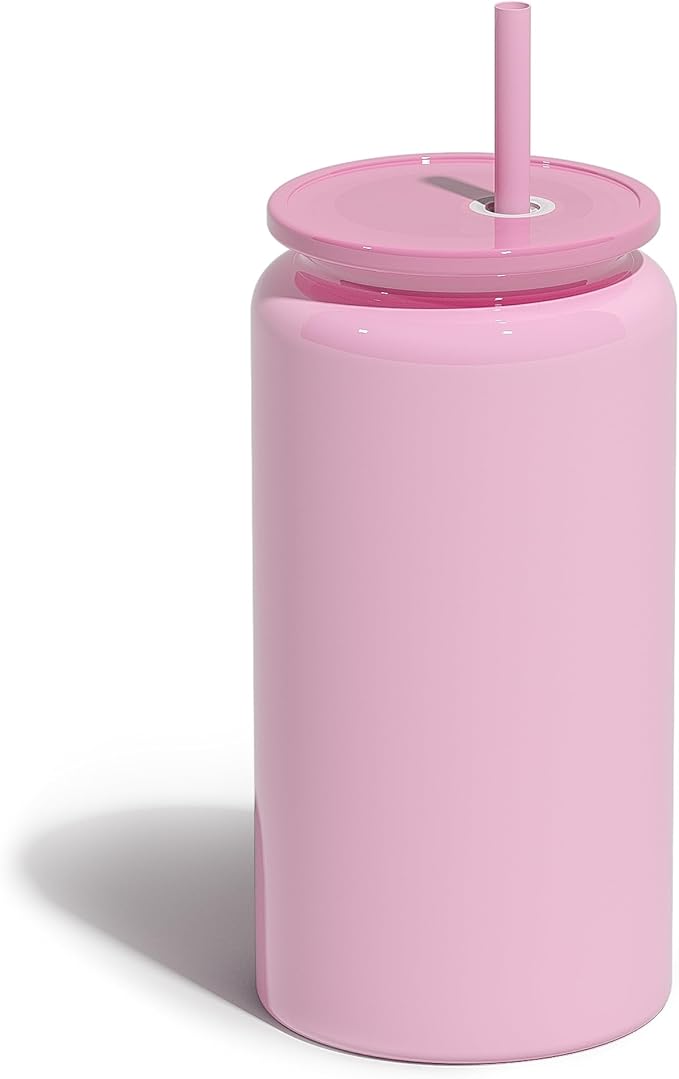 Glass Cups with Lids and Straws, 16oz Stainless Steels Cups, Beer Cups, Iced Coffee Cup, Smoothie Cup, Sublimation Tumbler, Pink (Smooth Polished Finish, Sublimatable)