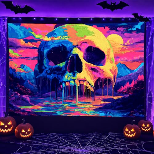 Blacklight Tapestry Melting Skull Neon Wall Art 78 x 59 Inch