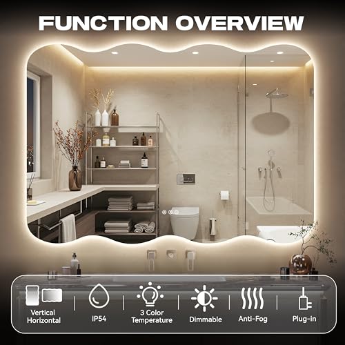 40"x32" Wavy Mirror with Lights Frameless Backlit LED Wall Mirror