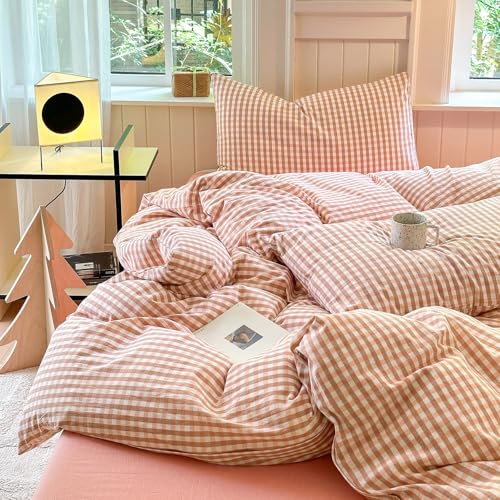 Queen Comforter Set 3 Pieces Pink Gingham Comforter Modern Style Blush Plaid Comforter Set Fluffy Soft Farmhouse Gingham Bedding Grid Checkered Comforter Queen with 2 Pillowcases