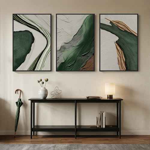 Large Framed Green White Abstract Wall Art for Living Room (3 Count)