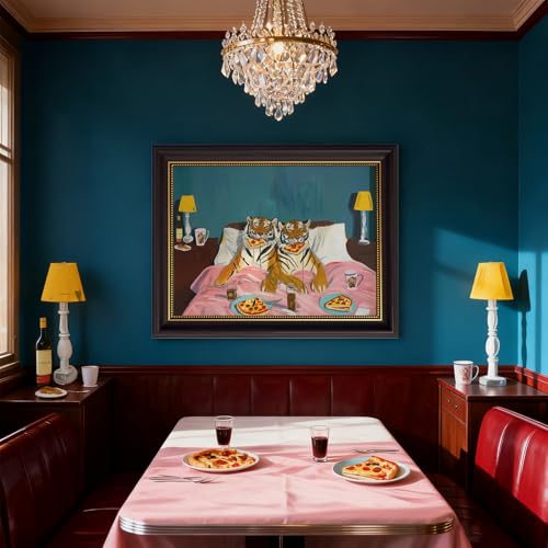 Framed Funny Tiger Pizza Wall Art Dark Brown Frame Bedroom Picture Print Vintage Fun Tigers Couple Canvas Wall Decor Maximalist Blue Pink Eclectic Jungle Animal Paintings