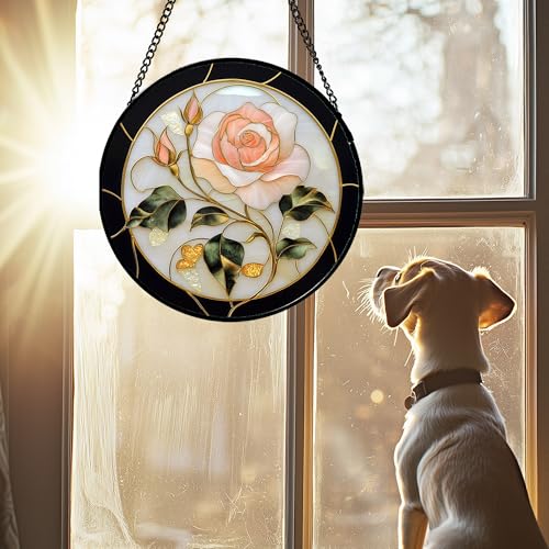 Pink Rose Stained Glass Window Hanging Suncatcher Gifts for Women 15"