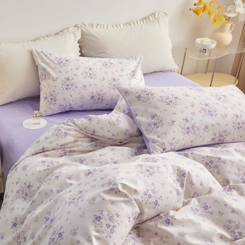 Purple Floral Comforter Set Full Size White Garden Style Floral Printed Bedding Comforter Vintage Flowers Botanical Comforter with 2 Pillowcases Cottagecore Full Bed Comforter Set for All Season