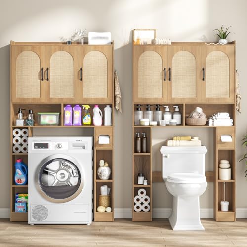 Over The Toilet Storage Cabinet with 3 Rattan Barn Doors