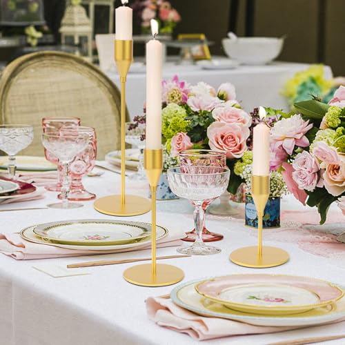 Matte Gold Candle Holders Bulk Painted Gold Metal Candlesticks Fit 0.8 Inch Taper Candles Decorative Metal Candelabra for Wedding Home Holiday Anniversary Party Dinning Table Decors (24 Count)