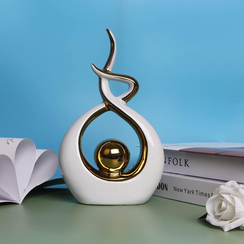 Norrclp Home Decor Modern Abstract Art Ceramic Statue Table Decorations for Dining Room Living Room Office Centerpiece (White and Gold, Small)