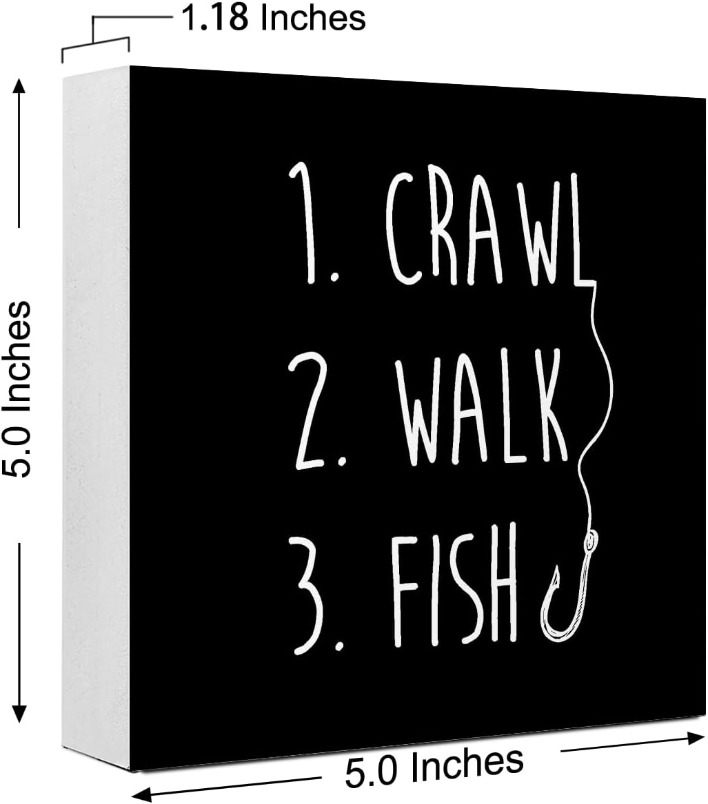 Black Crawl Walk Fish Rustic Wooden Sign, Funny Baby Fishing Wood Block Desk Decor for Home Bedroom Baby Room Shelf Table