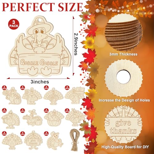 36PCS Wooden Thanksgiving Decoration Turkey Ornaments to Paint Thanksgiving Ornaments for Tree Crafts Cutouts Unfinished (36 Count)