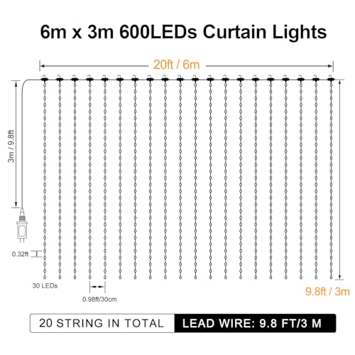 600 LED Curtain Lights 20Ftx10Ft Dual Color Changing Lights with Remote (600 Count)