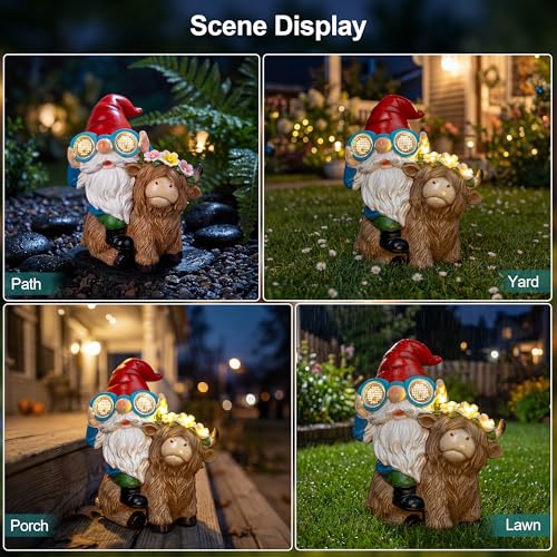 Solar Garden Gnome Statue Sitting Highland Cow Figurine Flower Wreath
