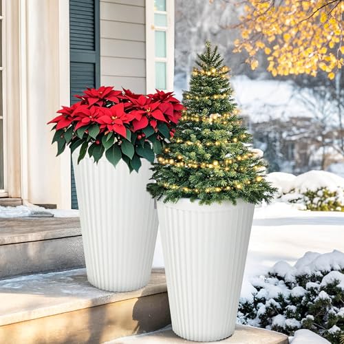 Autodaya 20" Tall Fluted Resin Planters Set of 2 with Drainage Holes (2 Count)