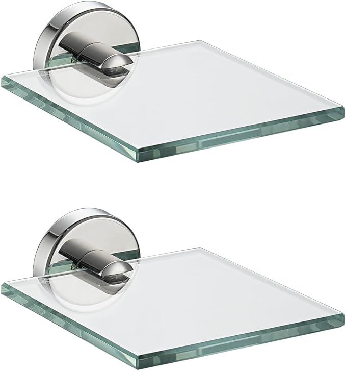 JQK Small Floating Glass Shelves Chrome, 4 Inch Display Ledges for Wall, Mini Decor, Living Room Bedroom Bathroom, Tempered Glass Shower Storage, 2 Pack, TGS101L4-CH-P2