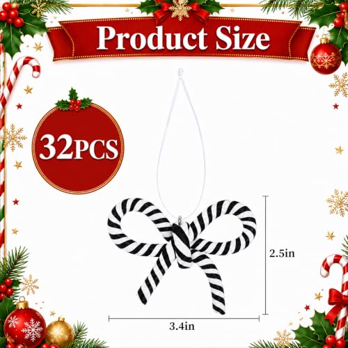 32 Pcs Black White Bow Candy Cane Hanging Ornaments Christmas Tree Decor (32 Count)