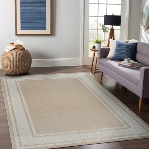 Outdoor Rug 6x9 Modern Bordered Area Rugs for Indoor and Outdoor Patio Deck Porch Garden Waterproof Weather Sun Resistant Washable Outside Carpet (54 Sq Ft)