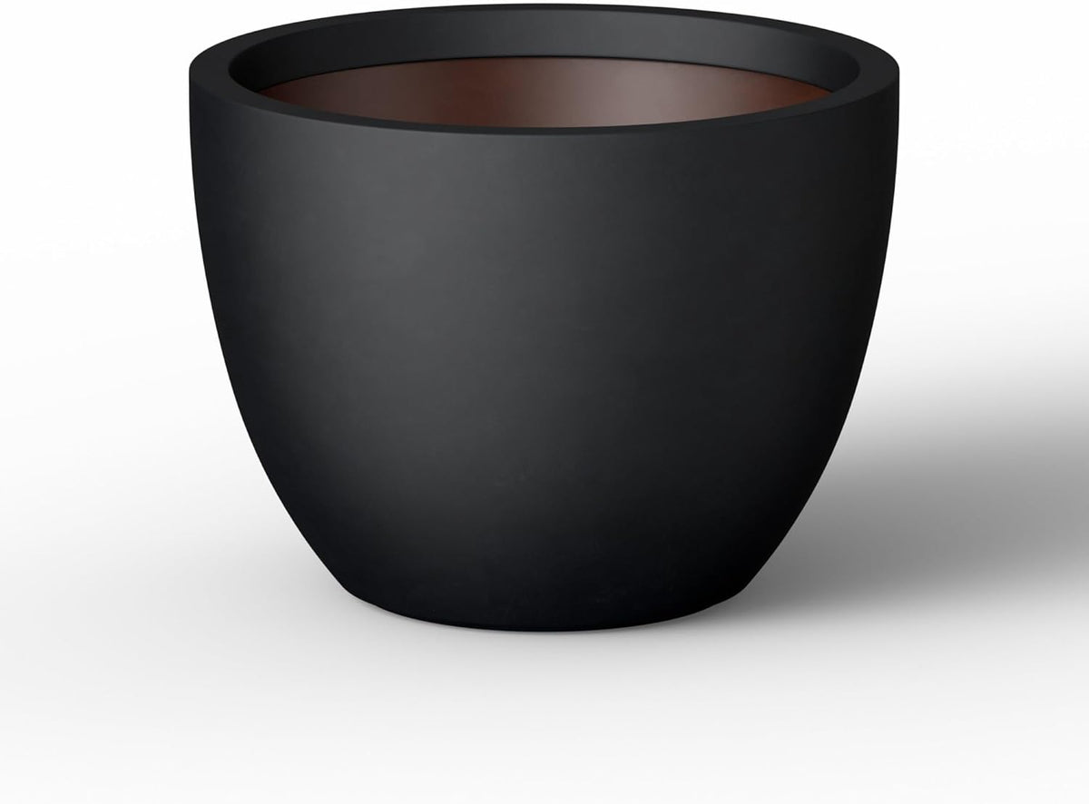 Kante 14.2 Inch Round Concrete Planter - Classic Large Indoor/Outdoor Plant Pot with Drainage Hole and Rubber Plug, Suitable for Gardens and Patios, Black Finish with Warm Brown Interior