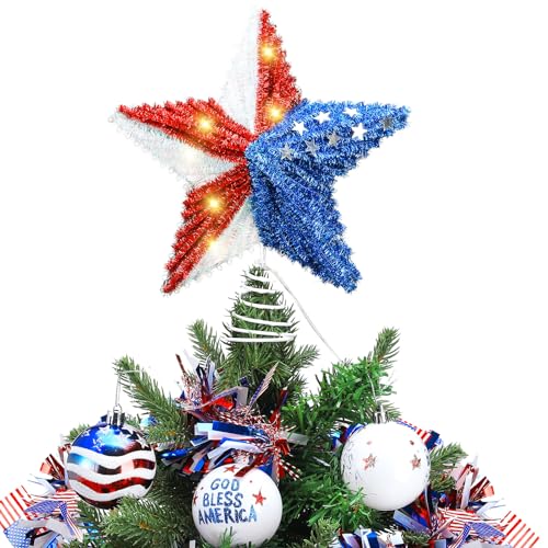 4th of July Star Tree Topper 250 Anniversary 9'' Independence Day Tree Decoration 3D Star Topper with Lights Party Decoration for 4th of July Holiday Outdoor Party Gift