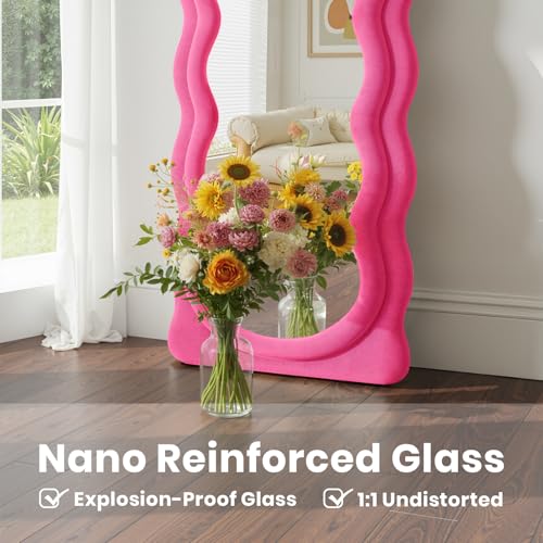 Full Length Mirror 71"x30" Irregular Wavy Full Body Wall Mounted Floor Mirror with Stand Hot Pink Flannel Frame Leaning Hanging Wall for Bedroom Entrance Hallway