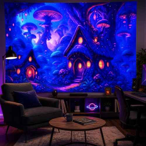 Blacklight Tapestry Mushroom Fairy UV Wall Art 78 x 59 Inch