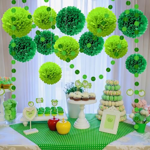 16 Pcs Green Tissue Pom Poms and Dot Garlands (16 Count)