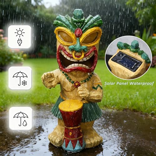Solar Tiki Garden Statue with LED Eyes Outdoor Polynesian Drummer Hawaiian Party Decor Solar Light Ornament for Patio Porch Lawn or Tiki Lover Best Gifts for Tiki Lovers