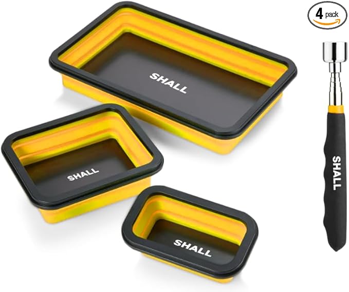 SHALL Collapsible Magnetic Tool Parts Tray and Telescoping Magnetic Pickup Tool Set, 3-Piece Silicone Foldable Magnetic Bowls & 25LBS Force Extendable Magnet for Mechanic Screw Bolts Nuts Washers Pins