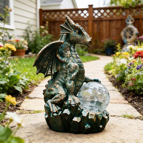JOYBEE Dragon Solar Garden Statues Outdoor Decoration with Magic Orb