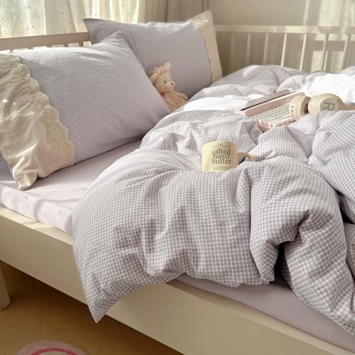 Purple Gingham Comforter Set Twin XL Fluffy Soft Princess Style Girls Lace Bedding Set Cottagecore Cute Plaid Checkered Comforter with 2 Pillowcases Chic Gingham Bedding Grid Comforter Set