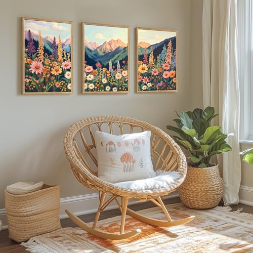 Wood Framed Boho Moutain Wildflower Wall Art Set of 3 (3 Count)