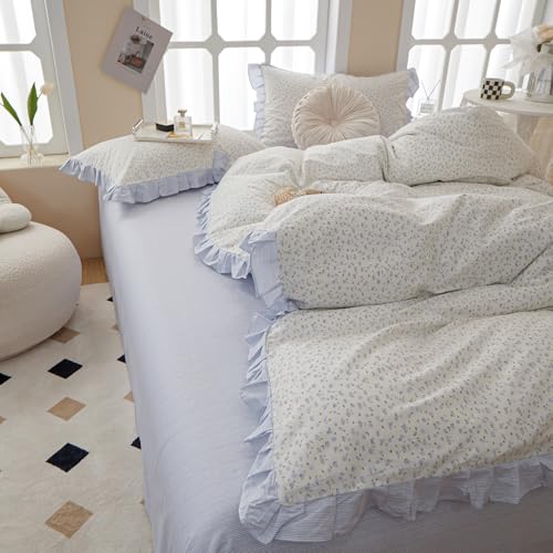Twin XL Comforter Set Blue Floral Bedding Comforter Fluffy Soft Microfiber Cottagecore Bedding Set Floral Ruffle Comforter with 2 Pillowcases Cute Flower Botanical Comforter Set for Teen Girls (3 Piece Set)