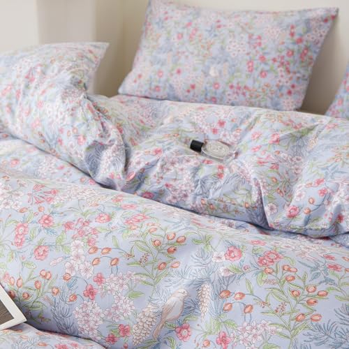 Blue Floral Queen Comforter Set Vintage Botanical Flowers Bedding Set
