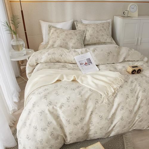 Boho Floral Comforter Set King Size Vintage Garden Style Floral Bedding Comforter with 2 Pillowcases Fluffy Soft Aesthetic Botanical Comforter Set Farmhouse Chic Flower Comforter for King Size Bed