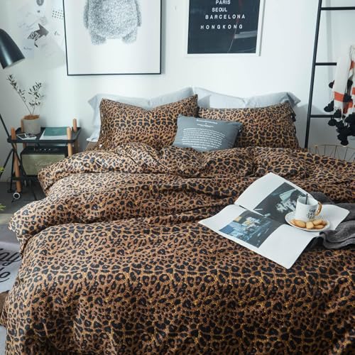 Leopard Print Comforter Set King Soft Fluffy Animal Cheetah Printed Comforter Set 3 Pieces Brown Black Floral Bedding Farmhouse Leopard Pattern King Size Comforter with 2 Pillowcases for All Season