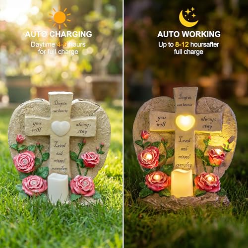 Solar Lights for Cemetery Memorial Cross Statue with LED Lights & Roses