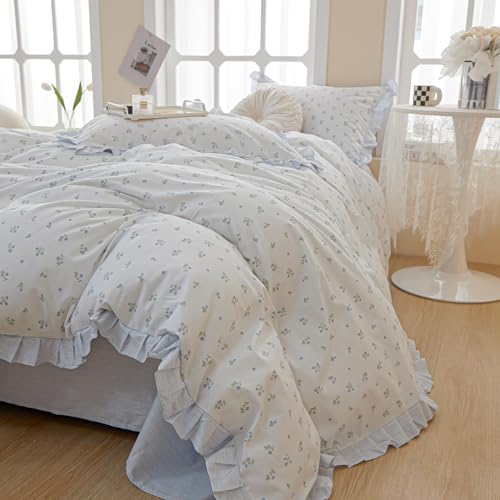 Reversible Ruffle Comforter Set Full Size Vintage Botanical Floral Bedding Comforter with 2 Pillowcases Boho Blue Floral Comforter Girls Flowers Coquette Bedding Set Fluffy Farmhouse Bed Comforter Set