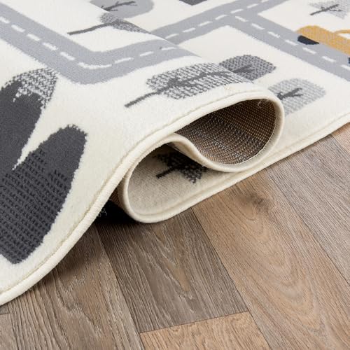Kids Play Road Cityscape Playroom Area Rug Cream 5' x 7'