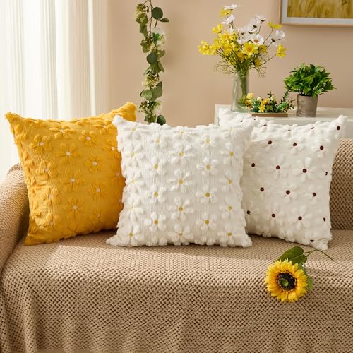 Spring Summer Pillow Covers 20x20 inch Set of 2 White Rust Daisy (2 Count)