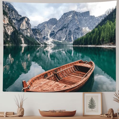 Nature Mountain Lake Boat Tapestry 48x36 Inch
