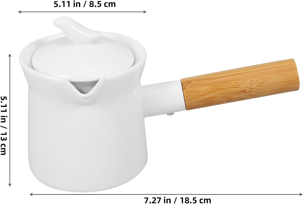 Ciieeo Enamel Milk Pot 350ml Mini Butter Warmer Non-stick Milk Heating Pot Small Enamelware Saucepan with Wood Handle and Lid for Heating Liquid Portions White
