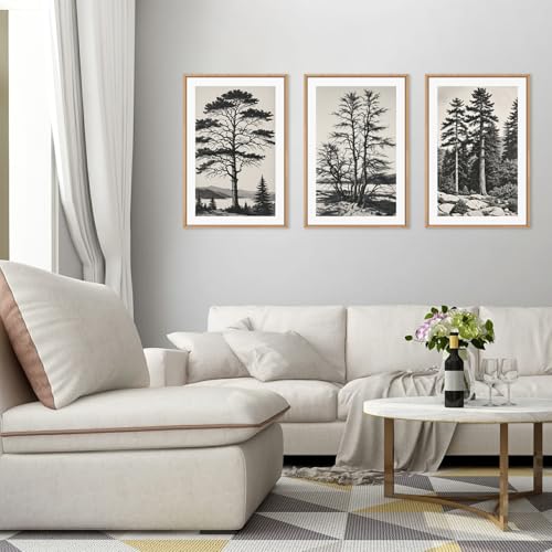 Large Vintage Sketch Tree Framed Wall Art Set