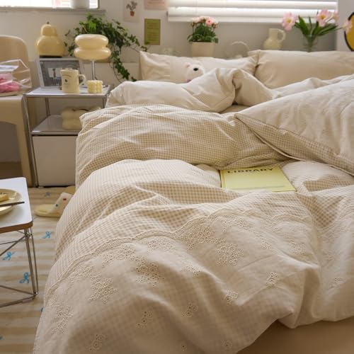 Tan Gingham Comforter Set King Romantic Lace Bedding Beige Plaid Comforter Set Vintage Grid Checkered Pattern Comforter with 2 Pillowcases Farmhouse Taupe Plaid Gingham Bedding Set
