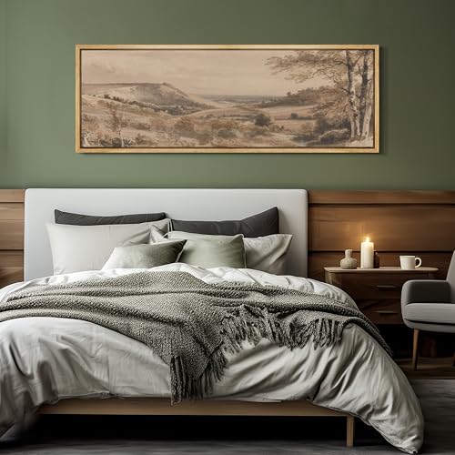 Large Framed Canvas Print Wall Art Vintage Neutral Tone Countryside Landscape Retro Fine Art Illustrations Decorative Colorful for Bedroom